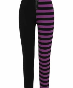Banned Apparel Banned Half Black Half Stripes Leggings - Purple Ladies