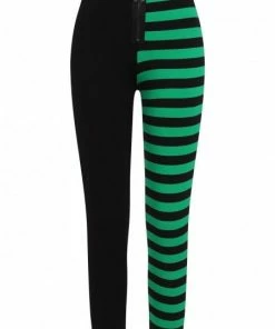 Banned Apparel Banned Half Black Half Stripes Leggings - Green Ladies