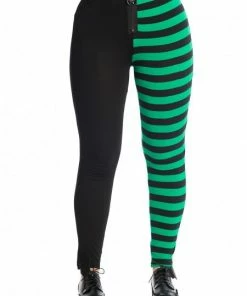 Banned Apparel Banned Half Black Half Stripes Leggings - Green Ladies