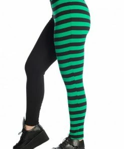 Banned Apparel Banned Half Black Half Stripes Leggings - Green Ladies