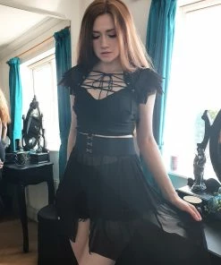 Necessary Evil Camazotz Crop Top With Mesh Bat Wing Effect Front Ladies