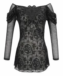 Ladies Devil Fashion Yara Velvet Embossed Mesh Top