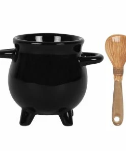 Homeware Gothic Gifts Cauldron Egg Cup With Broom Spoon