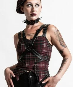 Ladies Killstar Jaded Strap Top Blood Tartan
