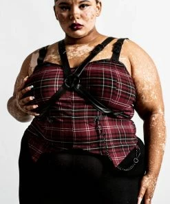 Ladies Killstar Jaded Strap Top Blood Tartan