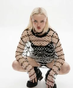 Ladies Punk Rave Diamond Mesh Longline Tee