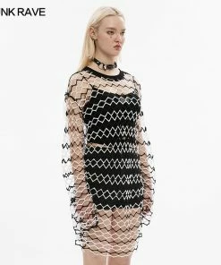 Ladies Punk Rave Diamond Mesh Longline Tee