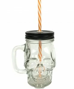 Homeware Gothic Gifts Skull Glass Jar With Straw